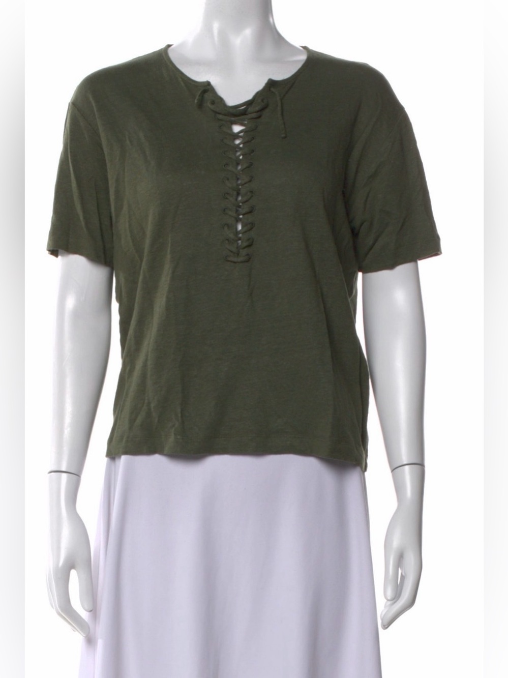 Sezane Olive Green Lace-Up Short Sleeve Tee